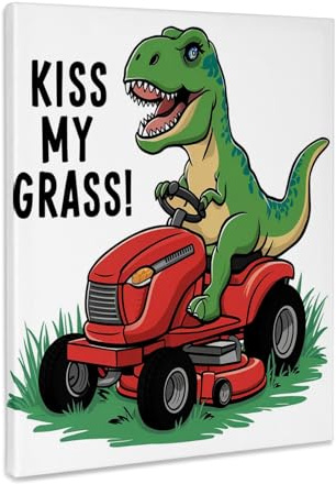 3dRose Funny Cute Green T-rex Dinosaur on Riding Lawn mower Kiss my Grass Museum Grade Canvas Wrap 16x20