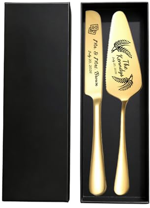 KBPTM Personalised Wedding Cake Knife and Server Set – Custom Cake Cutting Set with Engraved Names & Date, Cake Knife and Slice for Bride and Groom Anniversary Housewarming Gift (Gold)