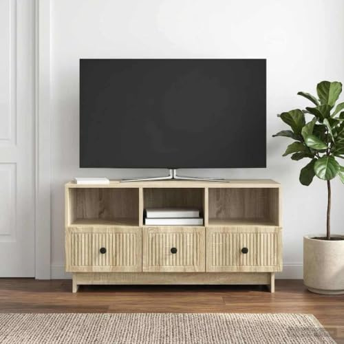 Boltkex Sonoma-TV-skåp i ek 102 x 34,5 x 50 cm, trämaterial, lågboard, TV-bänk, mediemöbler med 3 lådor för vardagsrumsinredning och hemmabio, ordning