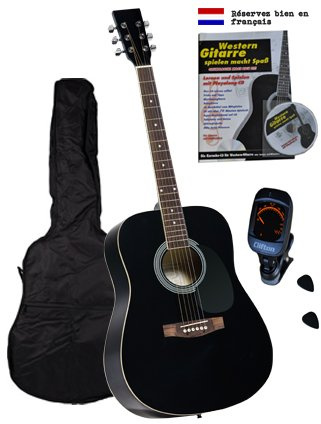 Western Gitarren Set, Rosewood Griffbrett und Brücke, Lernbuch, Karaoke-CD, gepolst.Tasche, digitales Stimmgerät, Plectren