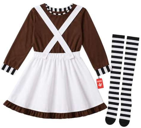 Fun Shack Disfraz de Confiteria Niña, Disfraz Obrera Halloween Niña | Camiseta Marrón, Falda con Tirantes & Calcetines a Rayas, Estilo Dulce, Perfecto para Halloween, Ideal para Juegos de Rol