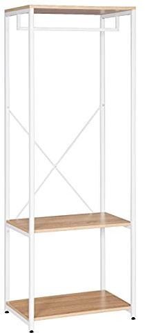 WOLTU Klädställ, hängande hylla, klädstång med hyllor för sovrum, garderobsstativ, metall och trä, vit + ljus ek, ca 60 x 40 167 cm