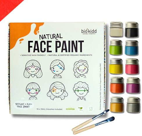BioKidd Gesichtsfarbe Schminkset für Kinder Bio Natürliche Kinderschminke für Sensitive Haut, Bodypainting Schminkpalette, 10 washbar Face Paint Farben Set + 2 Pinsel für Geburtstag, Halloween