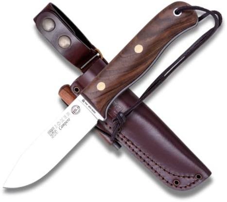 Joker Cuchillo de caza BS9 Campero CN112-P, mango de madera de Nogal, hoja de 10,5 cm, funda piel, con pedernal, Herramienta de pesca, caza, camping y senderismo