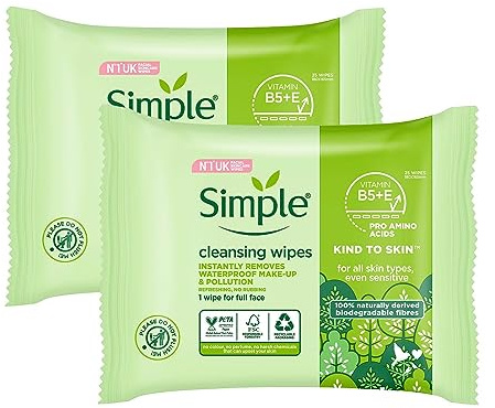 Simple Facial Cleansing Wipes Kind to Skin Sensitive 25's (2 Packs)
