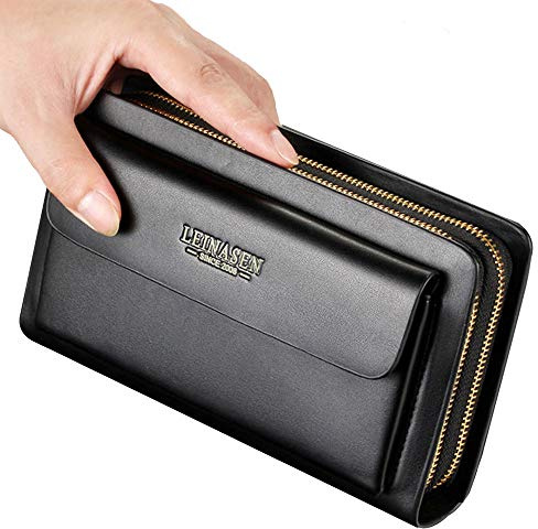 Mens Large Long Leather Clutch Hand Bag Wallet Purse Travel Passport Business Cell Phone Holster Credit Card Holder Case for Dad Husband (Black)