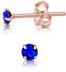 Pendientes de Botón Plata Ley 925 Chapados Oro Rosa 18K on Cristales Brillantes Azul 3 mm - Pendientes Dorados para Mujer - Punto de Luz Hipoalergénicos