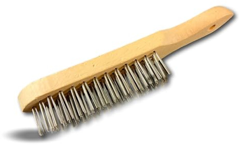 Brosse métallique à main type soudeur | Garnissage fil inox ondulé sur 4 rangs | Manche bois (hêtre) | Brossage ébavurage décapage soudure peinture rouille | Kibros 32I4b