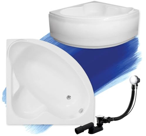 BADLAND Badewanne Original Weiß Acryl Wanne Eckbadewanne STANDARD 120x120 KOMPLETTSET SET mit Weiß Acrylschürze + Füßen und Exklusive Chrom Automatik Ablaufgarnitur Made in EU 4in1