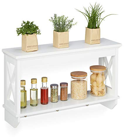 Relaxdays Wandregal, mit 3 Metall-Haken, 2 Ablagen, Landhausstil, Küchenregal, Wandgarderobe, HBT: 40x66x20 cm, weiß 10032187
