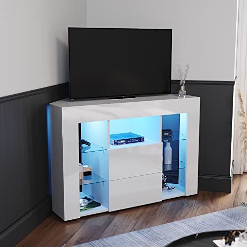 ELEGANT White Corner TV Stand with RGB Lights, High Gloss 100cm Small TV Unit with 2 Glass Shelves and 2 Drawers(Rebound Device), Led TV Unit for Living Room, UK Power Adapter included