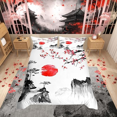 Juego de Ropa de Cama Japonesa Ukiyoe con diseño de Flores de Cerezo, Sol Rojo, Funda de edredón para niños, Estilo exótico japonés, Lino, 200x200cm Ropa de Cama de 3 Piezas, tamaño