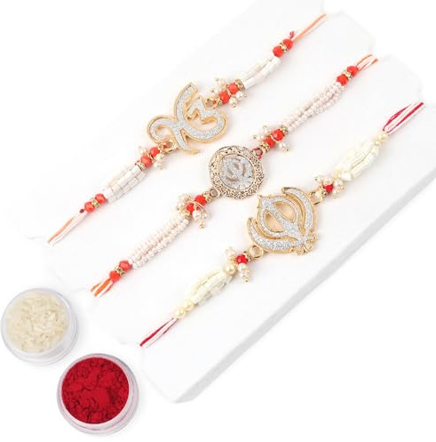 KSJONE Rakhi Für Bruder Bhaiya Bhabhi Geschenk-Set Mit 3 Stück Rakhi Für Familie Raksha Bandhan Festival, Indischer Designer Neuestes Rakhi Für Bhai Fadenarmband