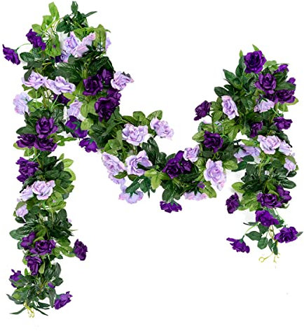 Hobyhoon 3PCS/23.7FT Artificial Purple Rose Flower Garland, Outdoor Fake Silk Hanging Floral Garland, Rose Flower Vines for Wedding, Party ,Garden, Arch, Indoor Wall Decor (Purple)