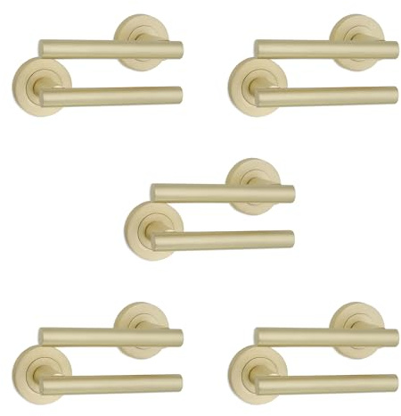 Infinity Decor 5 Sets of Satin Brass Straight T-Bar Lever on Rose Door Pull Handle Set - for Interior & Exterior Doors