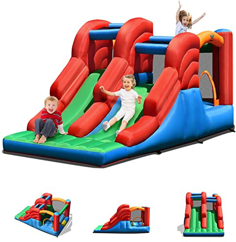 GOPLUS Hüpfburg mit Trampolin & Kletterwand & Rutschen, aufblasbarer Spielhaus aus Oxford-Tuch, Hüpfschloss inkl. Bodennägel, Reparaturaufkleber, für Drinnen & Draußen (Modell 3, Ohne Gebläse)