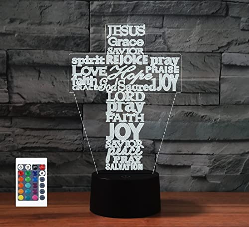 SUPERRUIDALONG 3D Jesus Kreuz Fernbedienung 16 Farben Nachtlichter Illusion Acryl LED Tisch Nachttisch Lampe Kinder Schlafzimmer Schreibtisch Dekor Geburtstag Geschenke Spielzeug für Kinder