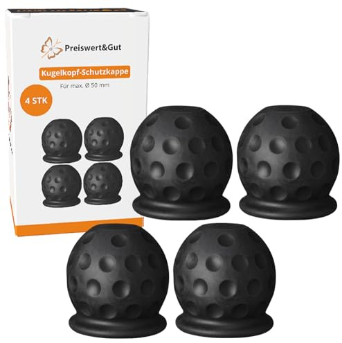 Preiswert&Gut 4X Abdeckung Anhängerkupplung Golfball Schwarz – Schutzkappe aus Gummi für max. Ø 50 mm – Witterungsbeständige Abdeckkappe – Schutzhülle für Kugelkopf Rund