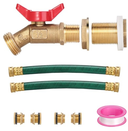 WADEO Rain Barrel Spigot - Brass Quarter Turn Ball Valve with Bulkhead Fitting, Two 12 Inch Hoses and Four Brass Fittings