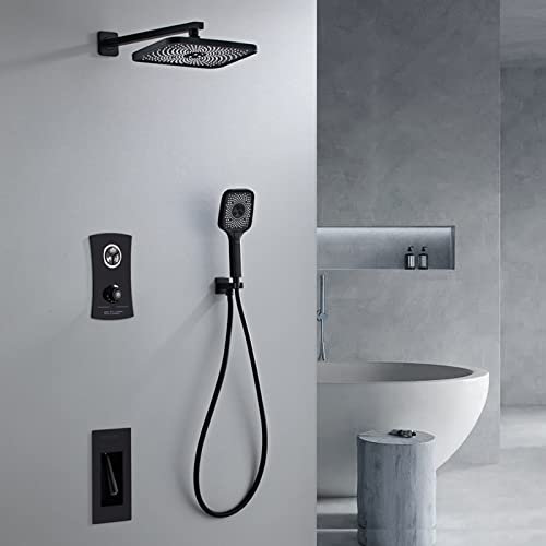 DERBUT Brausethermostat Schwarz Duschsysteme, Unterputz Brausemischer Set Brausekopf mit Schlauch A, DREI Funktionen