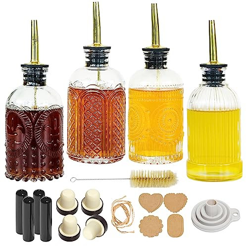 Oudizz Essig und ölflaschen Set mit Ausgießer 4 Stück 200ml Kaffee Sirup Spender mit Metall Gießen für Kaffeebar - Kaffee Sirup Spenderflasche mit Ölgießdüse, Trichter, Karte, Stopfen