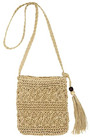 Hileyu Stroh Tasche für Frauen Stroh Einzelne Crossbody Tasche Sommer Kleine Strandtaschen mit Quaste Weave Handmade Raffia Tasche Bohemian Schulter Geldbörse für Reisen (Beige)