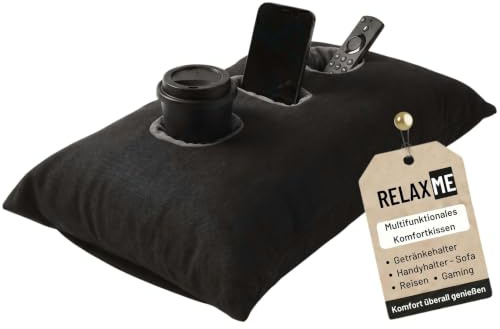 Nurtextil24 Relax ME Kissen Getränkehalter Sofakissen 40x60 cm Schwarz | Multifunktional Allzweckkissen -Tablett & Getränkebehälter- Tolles Geschenk Idee - Sofakissen, Kopfkissen, Reisekissen