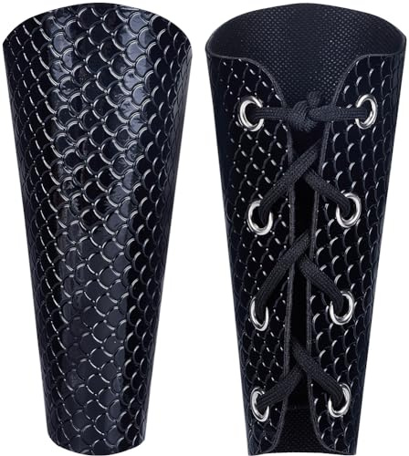 GORGECRAFT 2PCS Leather Gauntlets Wristband Medieval Arm Guards Retro Renaissance Black Fish-Scale Pattern Embossing Adjustable PU Leather Armband Armor Cuff for Halloween Knight Cosplay Costumes
