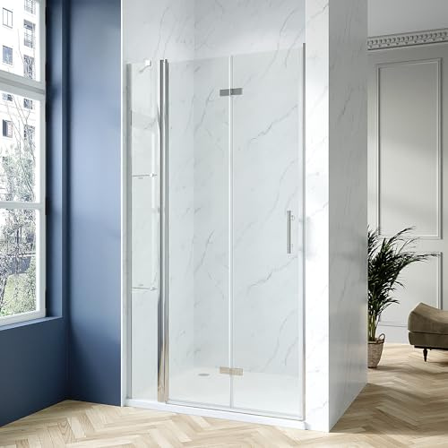AQUABATOS® 110 x 195 cm Faltbare Duschtür in Nische Nischentür Dusche Nischenfalttür Falttür mit Festteil und Eckregalen Duschablagen aus 6 mm ESG Nano Echtglas