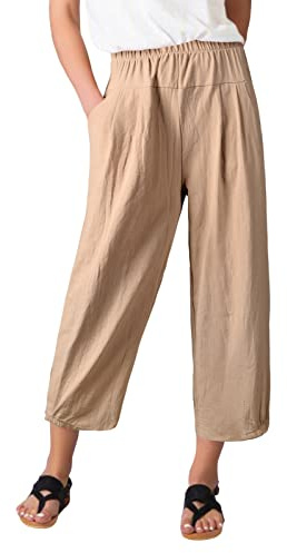 TOMEEK Pantacourt Femme Été en Lin Sarouel Pantalon Fluide Large Femme avec Poches Ample Capri Taille Haute en Coton, Kaki, Taille M