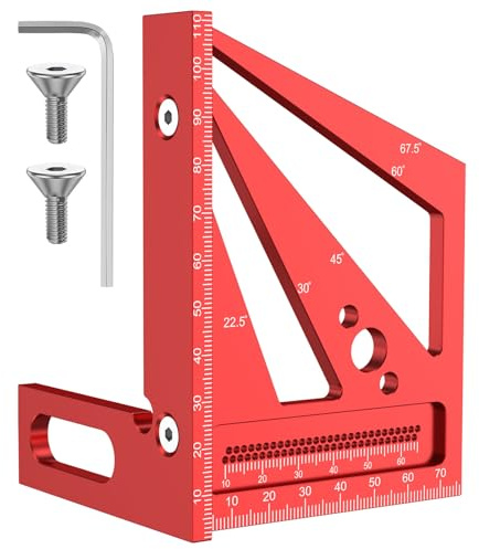 3D Multi Angle Measuring Ruler, Woodworking Angle Ruler Alloy Miter Triangle Ruler Layout Measuring Tool, 45/90° Triangle Scriber Square Protractor with Angle Position Pin for Engineer (Red)