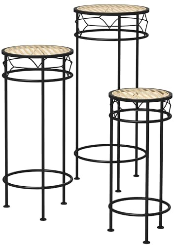 Outsunny Lot de 3 supports pot de fleurs supports pour plantes ronds étagère à fleurs portes plantes empilables - plateaux aspect rotin - en métal doré et noir