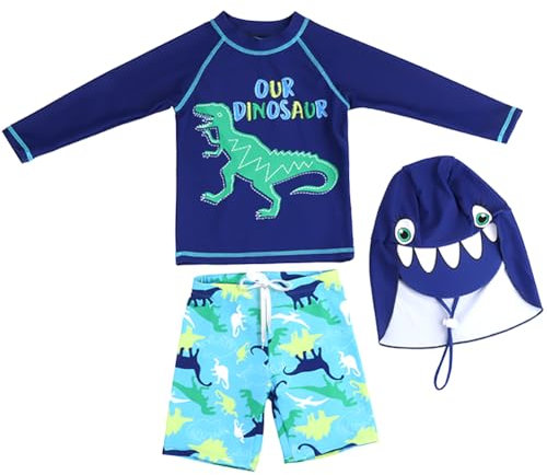 AIWUHE Jungen Badeanzug Zweiteiliger Swimsuit Trunk and Rashguard Set Schwimmshirt Uv-Schutz Dinosaurier Bade-Set mit Hut Grüner Dinosaurier 110