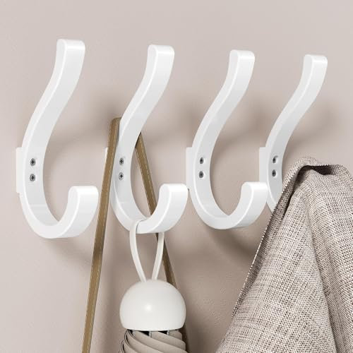 jockcaras Wall Hooks for Hanging Coat/Backpack - 5.4'' Large 40LBS Heavy Duty Hanger Wall Mount Screw in, for Towel, Closet, Robe, Bag, Outdoor, White 4 Pack