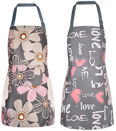 DILLMAN Paquete de 2 delantales florales con bolsillo para mujer, impermeables, ajustables, para cocina, jardinería, salón, Paquete de 2#B, Large