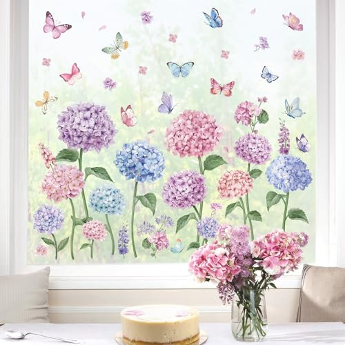 wondever Fenstersticker Blau Blumen Groß Fenster Aufkleber Violett Rosa Hortensien Schmetterling Bumen Fensterbilder Fensteraufkleber Anti-Kollision Doppelseitig Glasaufkleber Frühling Sommer