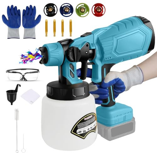 Akku Farbsprühsystem Kompatibel mit Makita 18V Lithium-Akku, Förderleistung 650ml/min, Bürstenlosen Farbspritzpistole mit 1000ml Farbbehälter, 4 Düsen, für Wände Möbel Zaun DIY-Arbeiten (Ohne Akku)