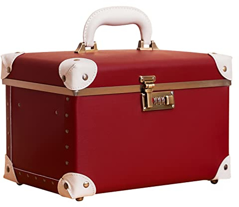 urecity Vintage Leather Vanity Case for Women, Hard Shell Cosmetic Case with Mirror, Stylish Beauty Case with Combination Lock (Red with White, Medium)