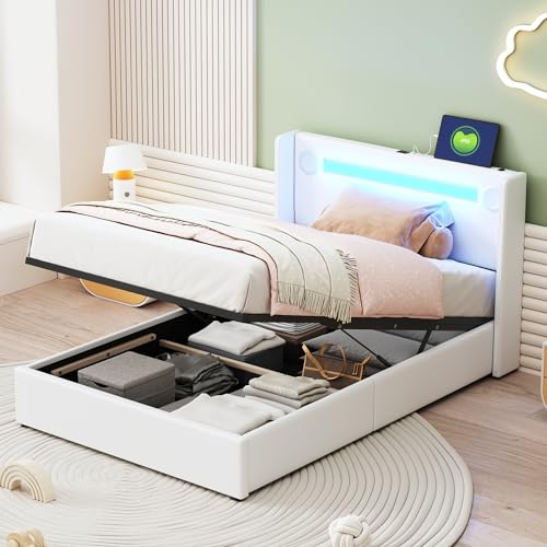 Rtopsu Polsterbett Einzelbett 90x200 cm mit Lautsprecher und LED-Beleuchtung, Bett mit Stauraum und USB-Kopfteil, Stauraumbett Bettgestell mit Lattenrost aus Holz, PU, Weiß, Ohne Matratze