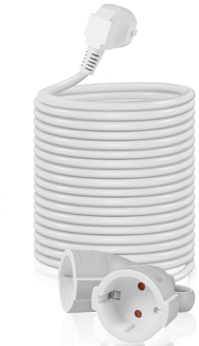 EXTRASTAR Doppelstecker Verlängerungskabel 10M, Doppelsteckdose für Innen, mit Kinderschutz Stecker und Haken, 16A/250V, Weiß