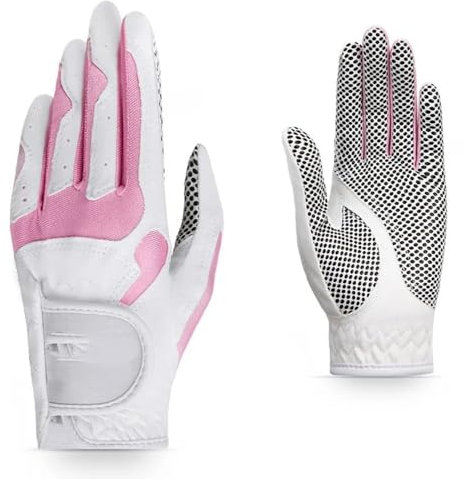 LSHIJI Golfhandschuhe Frauen Golf Handschuhe Linke Hand & Rechte Hand Tuch Golf Atmungsaktiv Palm Schutz Sport Golfhandschuh(White Pink,17)
