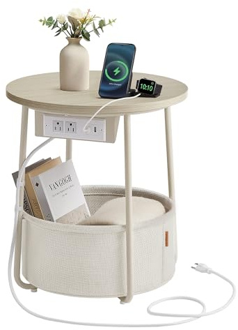 VASAGLE LILEA Collection - Side Table with Charging Station, Round End Table with Fabric Basket, Nightstand with USB Ports, for Living Room, Bedroom, Modern, Cream White ULET228N01