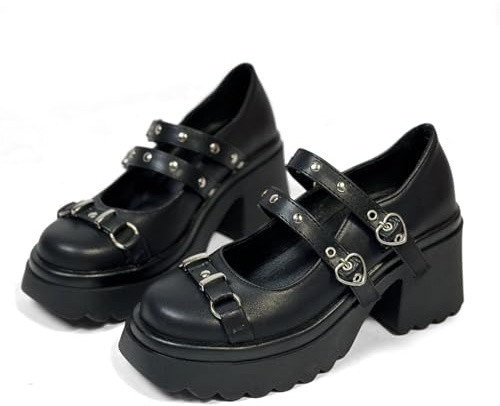 FOREADA Mary Jane Shoes Women Platform Goth Shoes Closed Toe Gothic Chunky Heel Buckle Kawaii Lolita Dress Shoe Black Pumps