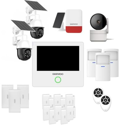 Daewoo Security - Set di allarme prestico, con schermo tattile, sensore di movimento adatto agli animali, apertura, vibrazione, sirena solare, telecamere di sorveglianza, controllo remoto