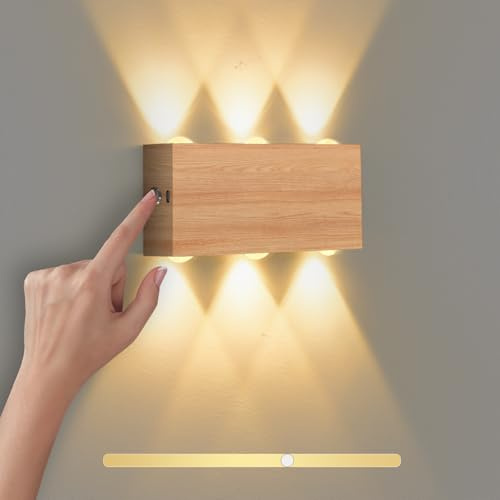 VOMI LED Wandleuchte Kabellos Ohne Bohren mit Touch Steuerung Helligkeit | 6W Magnetische Akku Wandlampe Holzmaserung Aluminium USB Aufladbar 4000 mAh Batterie Up Down Lampe für Schlafzimmer