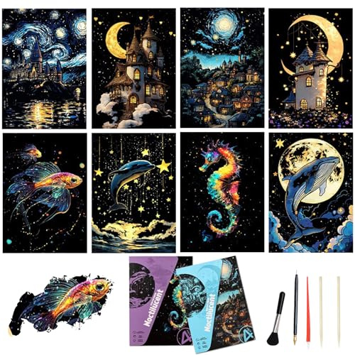 8 Sheets Scratch Art Adult Noctilucent Rainbow Scratch Paper （Starry Night） | Relieve Stress Arts and Crafts Gift