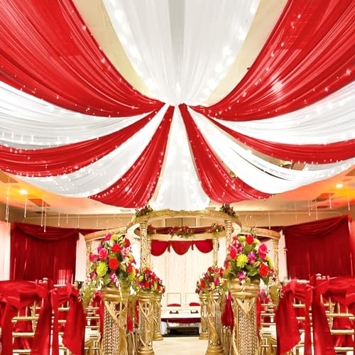 4 Panels Red Ceiling Drapes for Wedding Ceiling Drapes 5ftx20ft Wedding Arch Draping Fabric Sheer Curtains Voile Chiffon Drapery Draping Decorations for Party Ceremony Stage