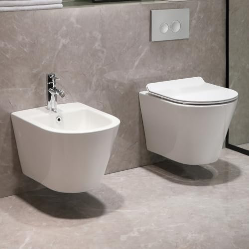 Set WC sospeso senza bordi per WC con sospensione bidet – WC da parete con rivestimento nano – WC con sedile WC con abbassamento automatico – bidet da parete per doccia intima – bidet doccia igienica