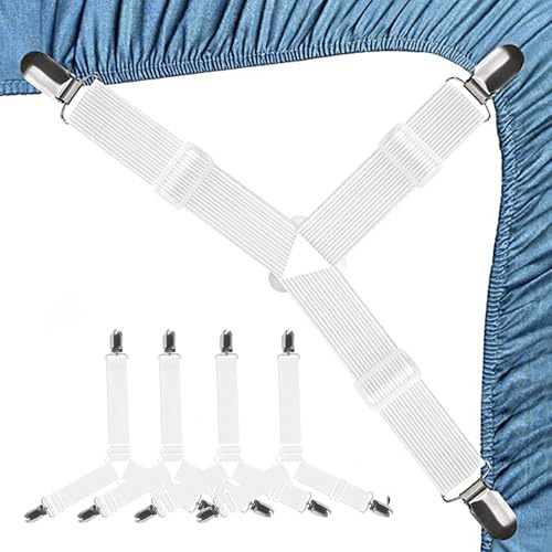 4er-Pack Bettlakenspanner,Weiß Bettlaken Spanner,Verstellbar Betttuchspanner,Dreieck Spannbettlaken Halter,Mit Clip Bettlakenspanner Verstellbar,Geeignet FüR Bettlaken,Matratzen,Sofas,BüGelbretter