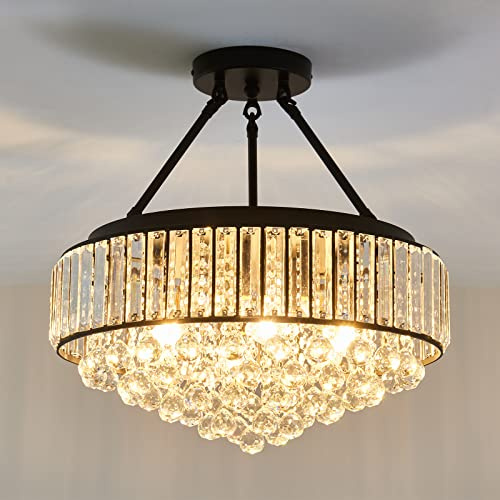 EOPSPYI Modern Kristall Kronleuchter 6 Licht Schwarz Kristall Deckenleuchte für Esszimmer Wohnzimmer Schlafzimmer Küche